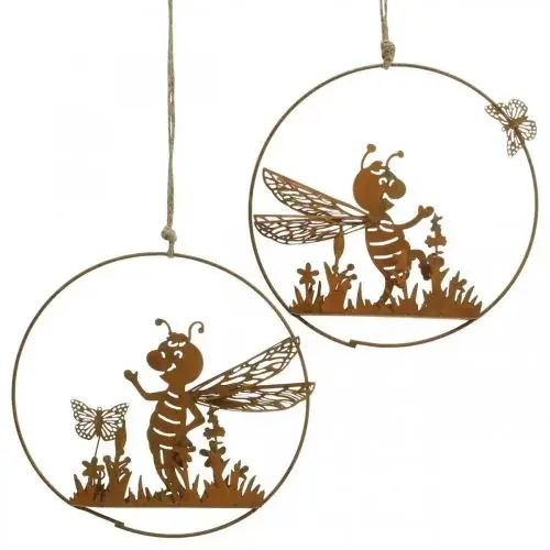Abeja decorativa de metal oxidado decoración de jardín para colgar Ø14cm 4 piezas