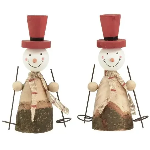 Adorable juego de 2 muñecos de nieve de madera con sombreros de copa rojos – Decoración de mesa de invierno – Natural y rojo, 15,5 cm, 2 unidades
