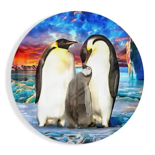 Arte de pared de vidrio de Familia pingüina – 60×60 cm