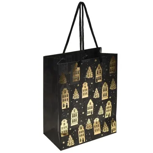Bolsa navideña con casitas de abeto negras y doradas, 18 x 10 x 23 cm, 2 unidades