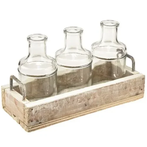 Botella decorativa de cristal con bandeja de madera vintage 24×9,5x14cm