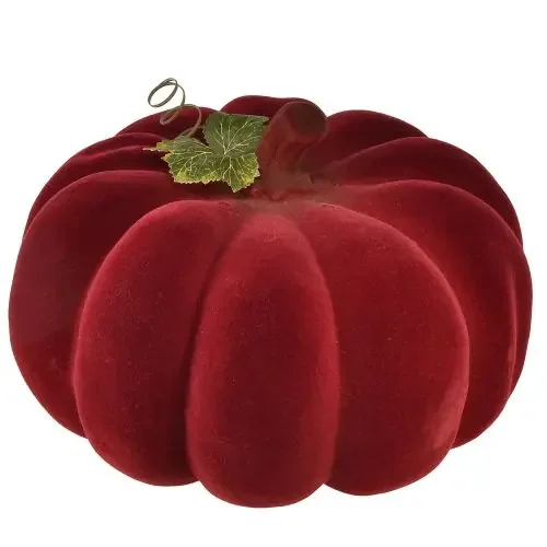 Calabaza decorativa otoñal flocada en rojo burdeos – decoración de calabaza para un ambiente otoñal único 32 cm