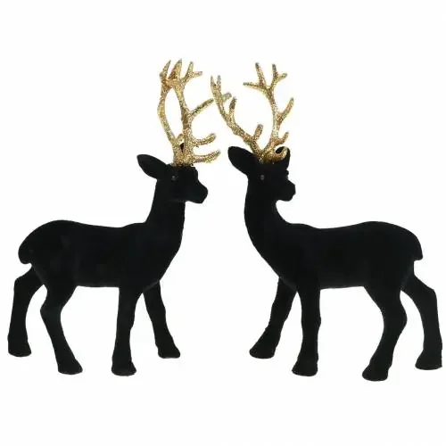 Ciervos decorativos flocados negro, dorado 20cm 2 piezas