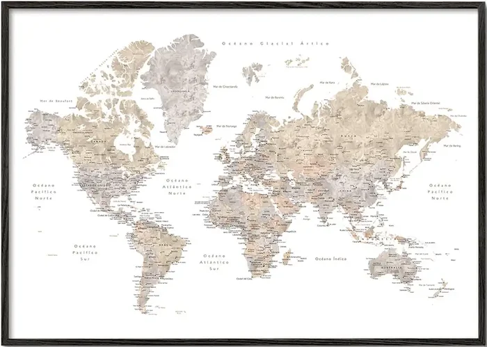 Detailed taupe watercolor world map with labels in Spanish, Abey – Poster / 8 » x 12 » in / No