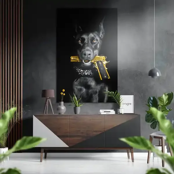 Dog and Gun Brushed Aluminium Dibond Wall Art – 60×39 cm