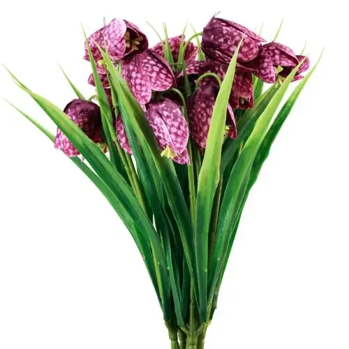 Flores artificiales de fritillaria de color morado con diseño de cuadros, 28 cm, 6 unidades
