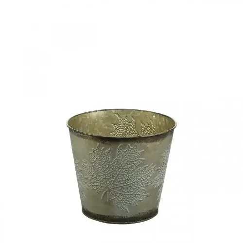 Jardinera para otoño, cubo de metal con decoración de hojas, recipiente de metal dorado Ø14cm H12.5cm