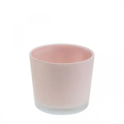 Maceta de cristal con forma de cubo de cristal rosa, Ø10 cm, altura 8,5 cm.
