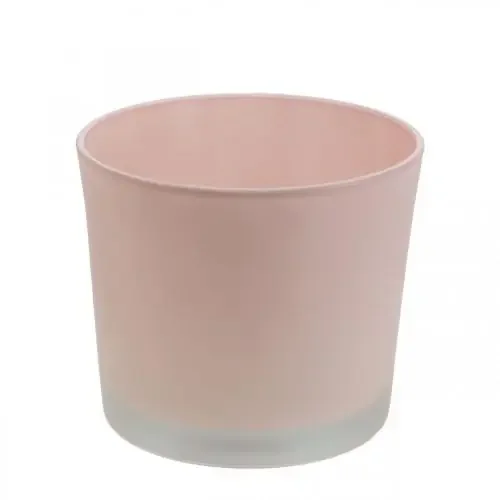 Maceta de cristal con forma de cubo de cristal rosa, Ø14,5 cm, altura 12,5 cm.