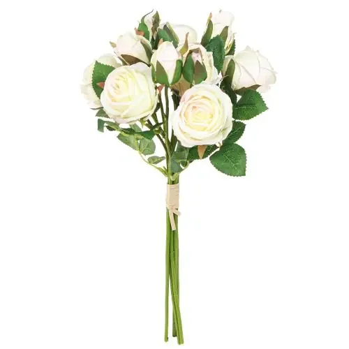 Ramo de rosas artificiales, flores artificiales, color crema, 36 cm, 12 unidades