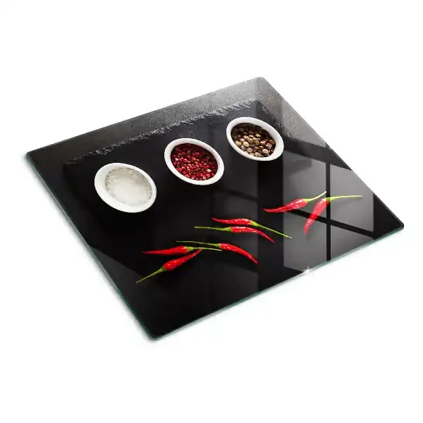Tabla de cortar de cristal Especias y pimientos rojos