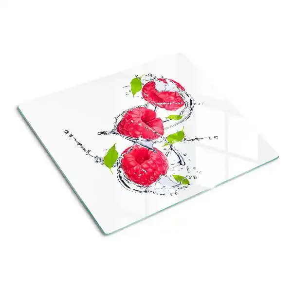 Tabla de cortar de cristal Frambuesas en agua con hojas